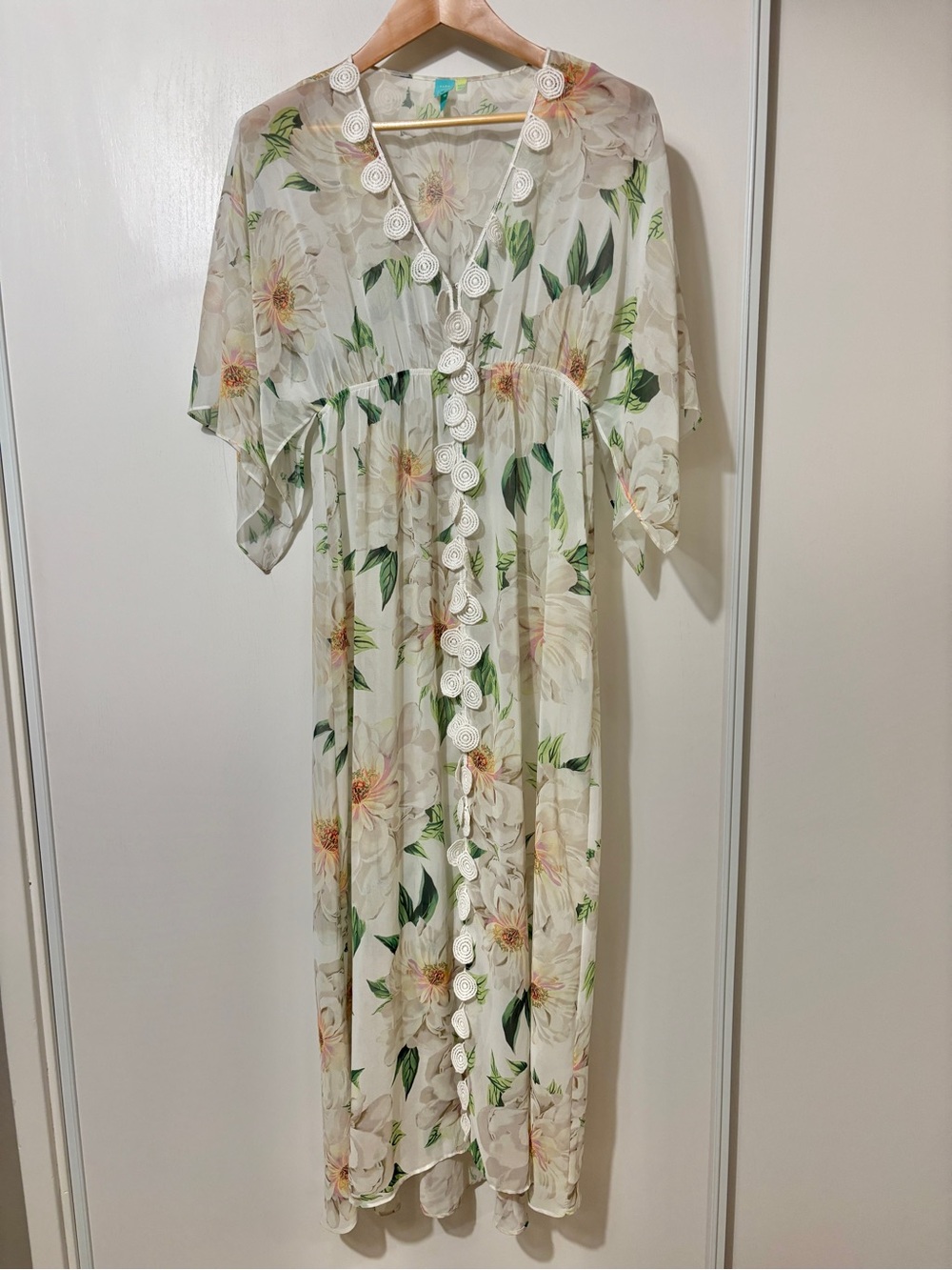 Farm Rio Floral Dress Size Small Dahlia Kimono Sleeve Boho Maxi Sheer Crochet - Picture 2 of 16